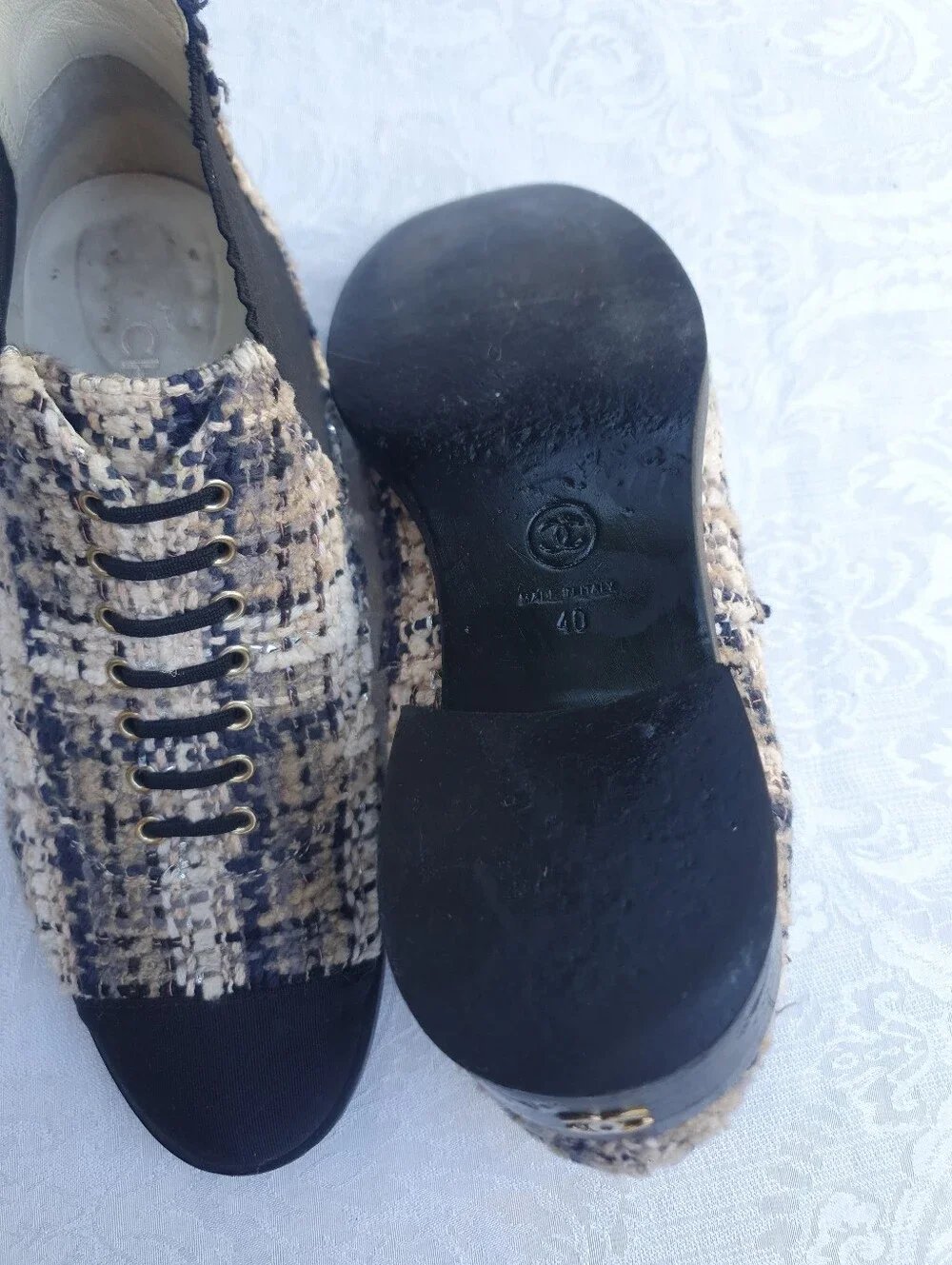 CHANEL Tweed Chelsea Ankle Leather Booties in Beige and Black Size 40 Made ITALY